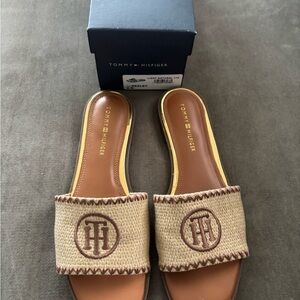 Tommy Hilfiger Brown and Tan Slides,Size 9